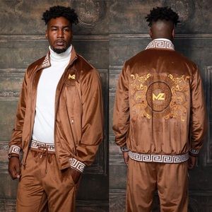 Men’s Fashion Brown White Velvet Rhinestoned Track Jacket & Pants